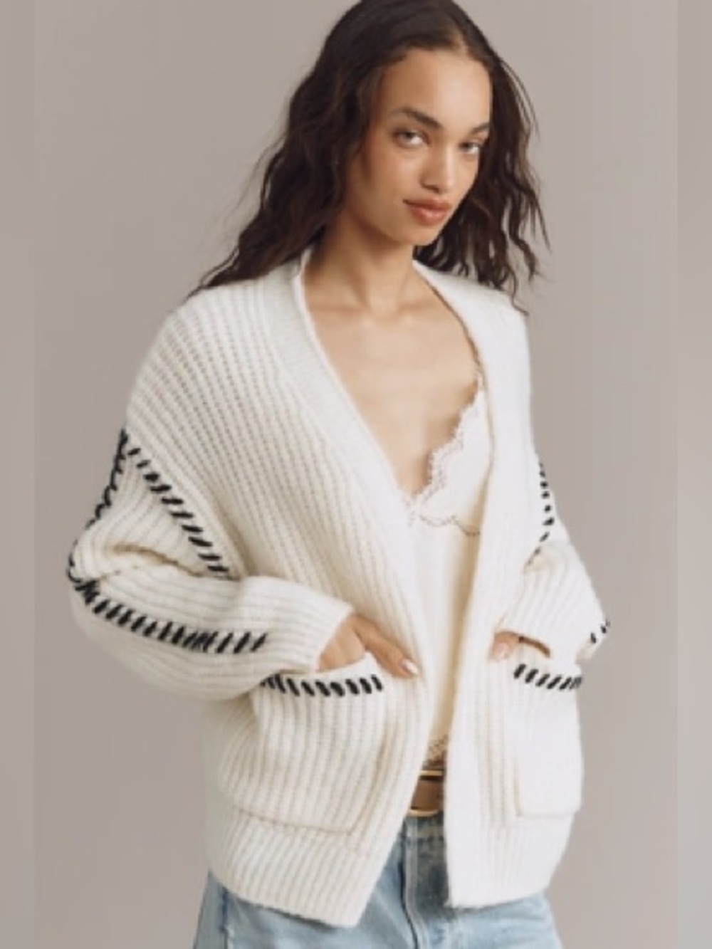 Anthropologie Flat White Stitched Cardigan Sweater One Size